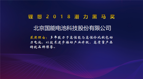 塔菲爾/國能電池/卡耐新能源/卓能新能源榮獲“鋰想2018潛力黑馬獎”